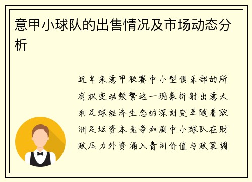 意甲小球队的出售情况及市场动态分析