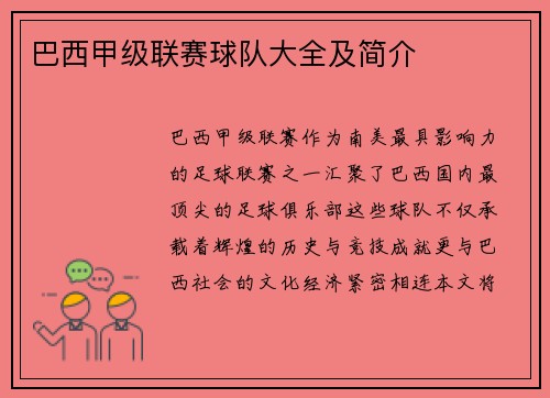 巴西甲级联赛球队大全及简介